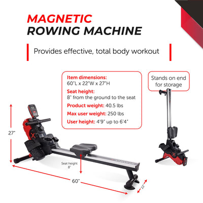 Stamina Magnetic Rower - Rower Machine with Smart Workout App - Rowing Machine with Magnetic Resistance for Home Gym Fitness - Up to 250 lbs Weight Capacity