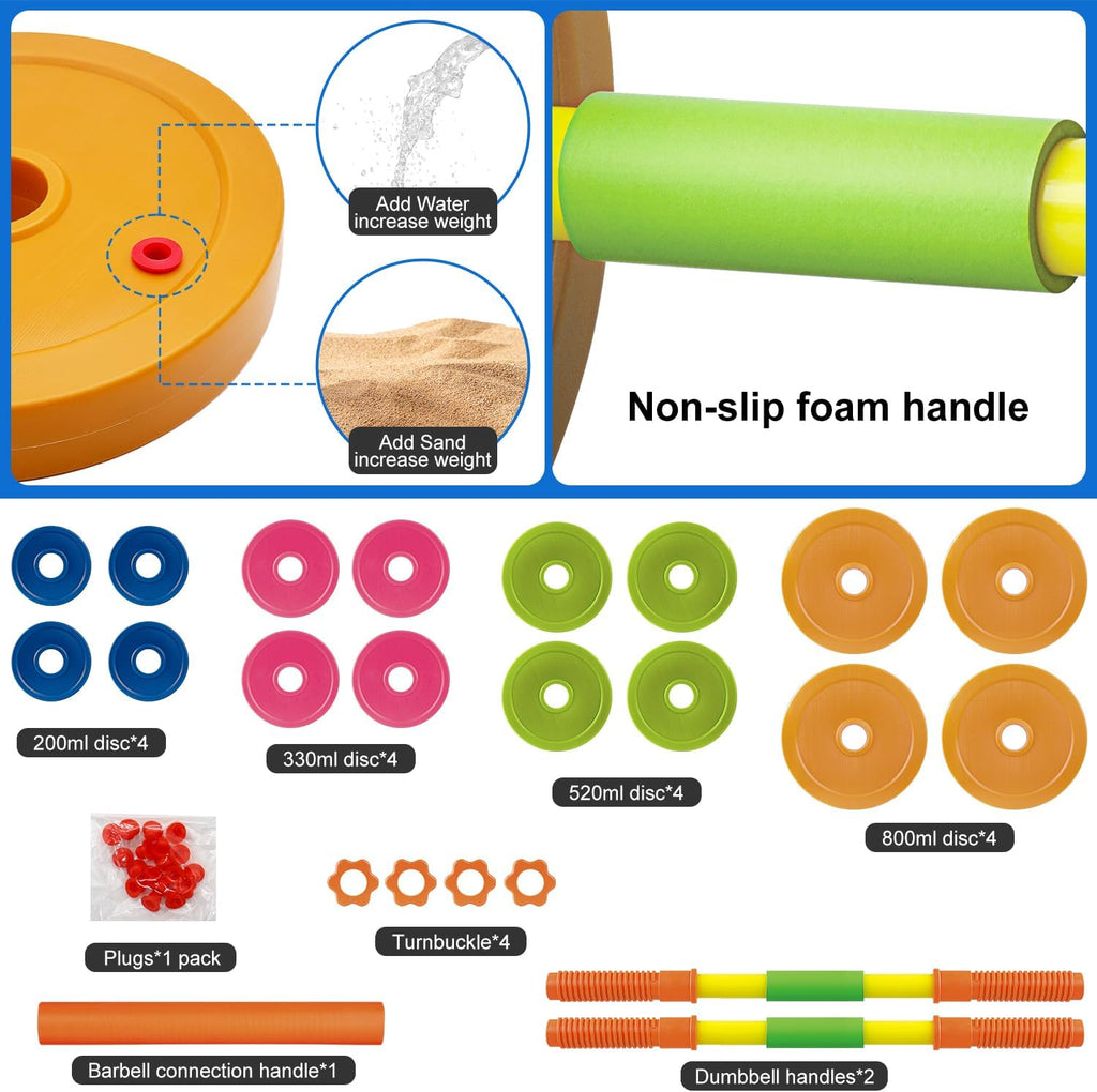 Kids Exercise Weight Set, 2-In-1 Barbell and Dumbbell Workout Equipment, Toddler Beginner Gym Toy for Pretend Play Lifting Exercise & Fitness, Adjustable Fill with Sand or Water