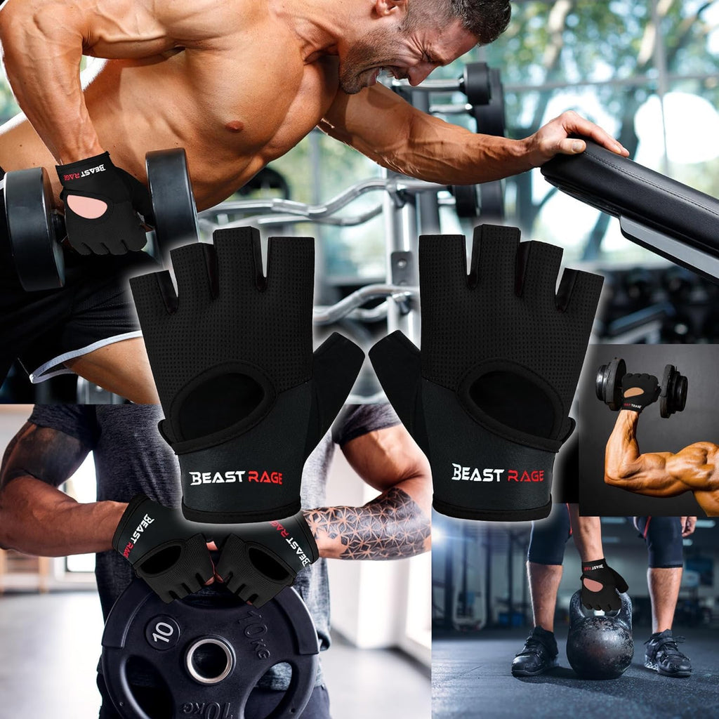 BEAST RAGE Workout Gloves for Men & Women - Fingerless Gym Gloves with Palm Protection, Breathable & Lightweight for Weightlifting, Cycling & Pull Up