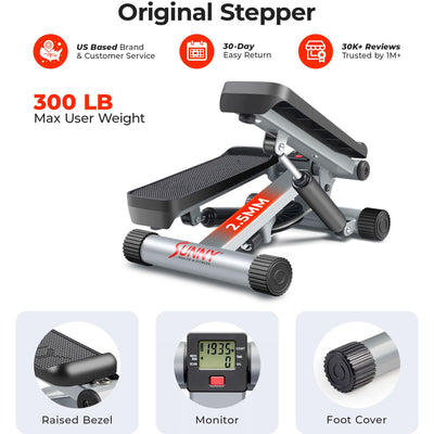 Sunny Health & Fitness Mini Stepper for Exercise at Home, Stair Step Workout Machine with Resistance Band and Over 300lb Weight Capacity, Optional Twist Motion and Free SunnyFit App Connection