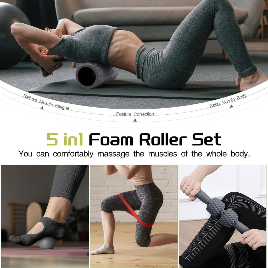 Foam Roller High Density Foam Roller Set for Deep Tissue Muscle Massage, 18" Trigger Point Fitness Exercise Massage Roller, Self-Myofascial Release for Whole Body (Black-18(2 in 1))