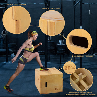 Yes4All Plyo Box, 3-in-1 Wooden Box Jumps for Home Gym, 450 lbs Boxes Step Up with Smooth Edges & Wide Built-in Handles for Jumping, Strength Training, Lunges, Squats, Dips