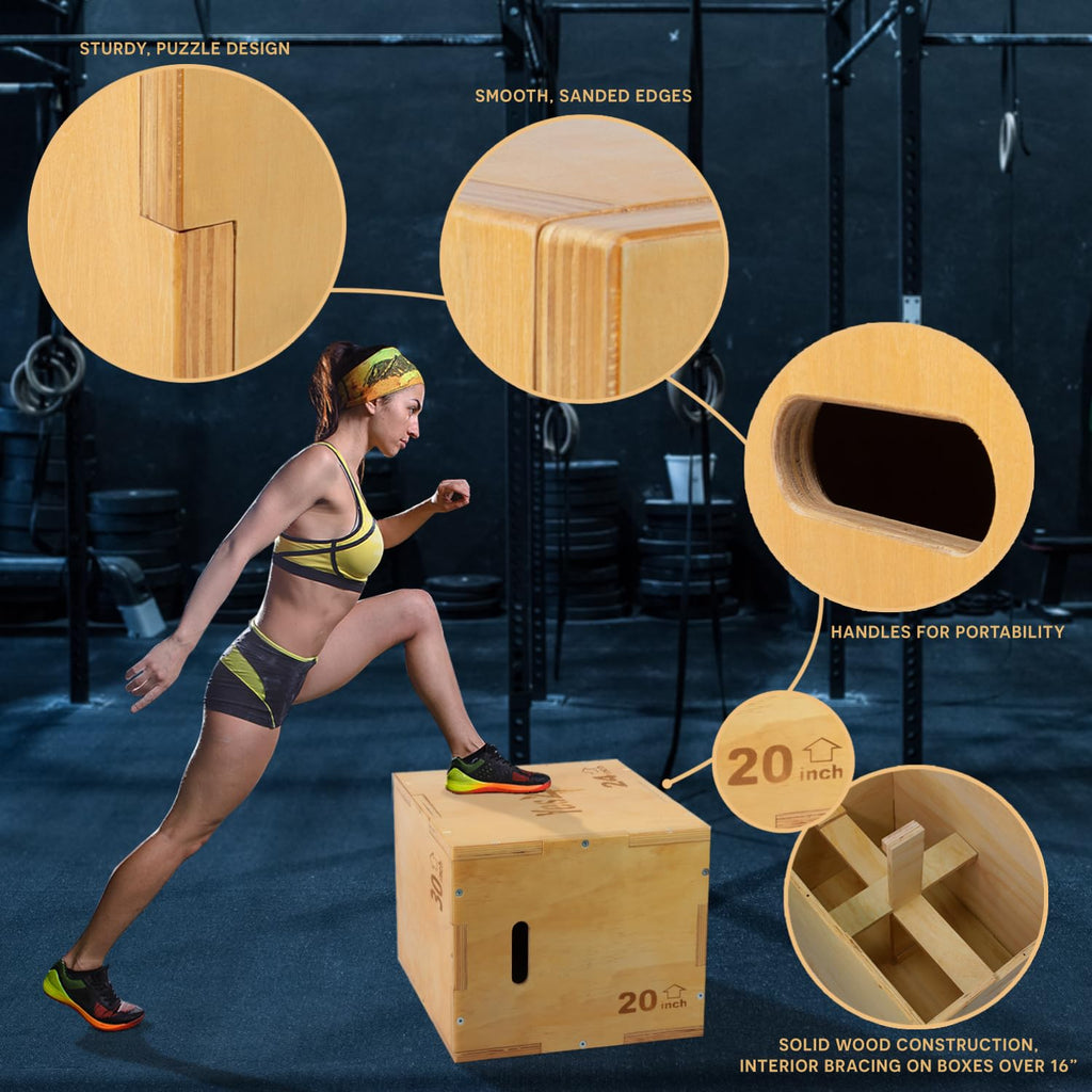 Yes4All Plyo Box, 3-in-1 Wooden Box Jumps for Home Gym, 450 lbs Boxes Step Up with Smooth Edges & Wide Built-in Handles for Jumping, Strength Training, Lunges, Squats, Dips