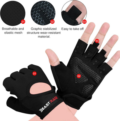 BEAST RAGE Workout Gloves for Men & Women - Fingerless Gym Gloves with Palm Protection, Breathable & Lightweight for Weightlifting, Cycling & Pull Up