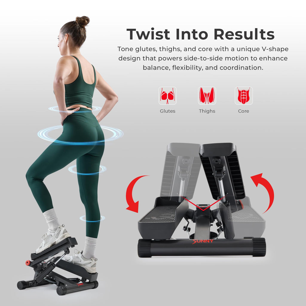 Sunny Health & Fitness Mini Stepper for Exercise at Home, Stair Step Workout Machine with Resistance Band and Over 300lb Weight Capacity, Optional Twist Motion and Free SunnyFit App Connection