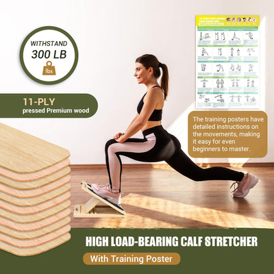 Slant Board for Calf Stretching, Adjustable Portable Wooden Incline Board for Calf Stretcher with Training Poster, 300 Lbs Weight Capacity Calf Stretch Wedge for Leg, Knees, Heel, Ankle & Stretching