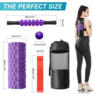 5 in1 Foam Roller Set for Deep Tissue Muscle Massage, High Density Fitness Exercise Foam Roller, Massage Roller, Massage Ball, Resistance Band, for Whole Body (Black)