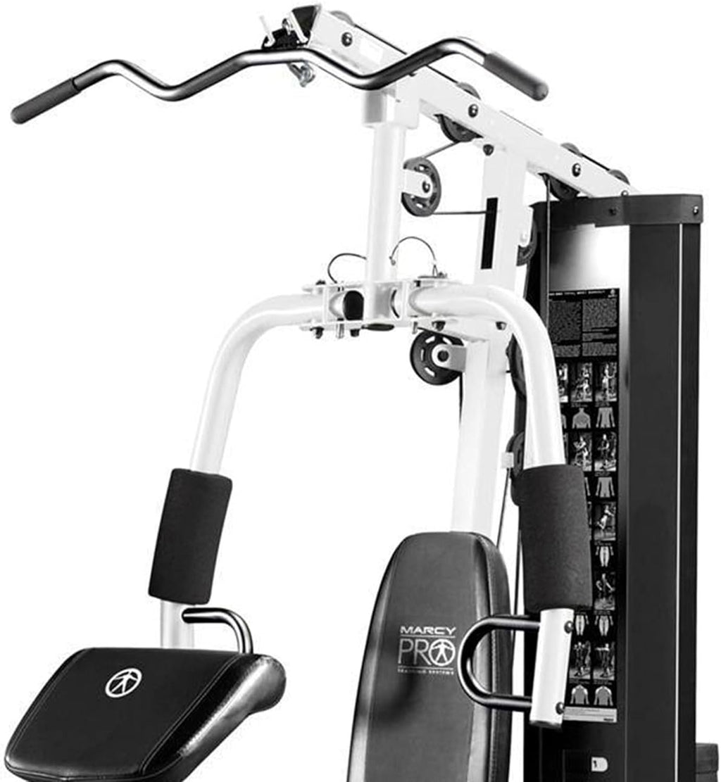 Marcy Home Gym Workout Station with Curl Pad, Lat Pulldown, Leg Developer & Weights, White
