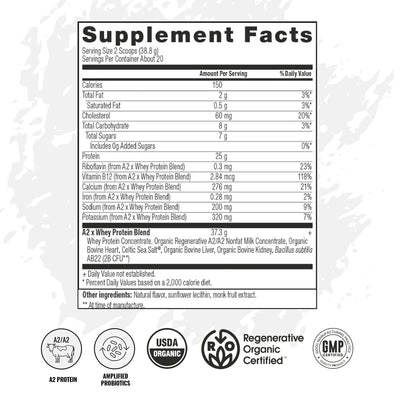 A2 Protein Powder, Peppermint Milkshake, 25 G Protein per Serving, Organic A2/A2 Whey Casein Blend With Probiotics and Celtic Sea Salt, Gluten Free Workout Supplement, Non GMO, 20 Serv, 27.4 Oz