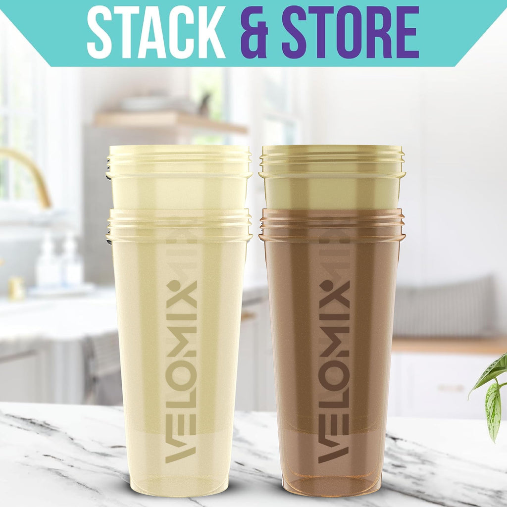 VELOMIX -4 PACK- 28 oz Protein Shaker Bottle for Protein Mixes - 4x Wire Whisk | Leak Proof Shaker Cups for Protein Shakes | Protein Shaker Bottle Pack | Protein Shake Cup (Brown)