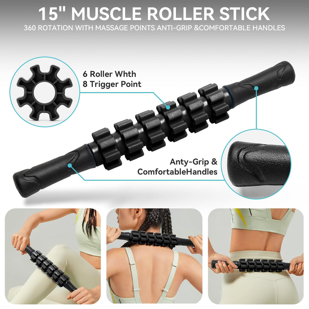 5 in1 Foam Roller Set for Deep Tissue Muscle Massage, High Density Fitness Exercise Foam Roller, Massage Roller, Massage Ball, Resistance Band, for Whole Body (Black)