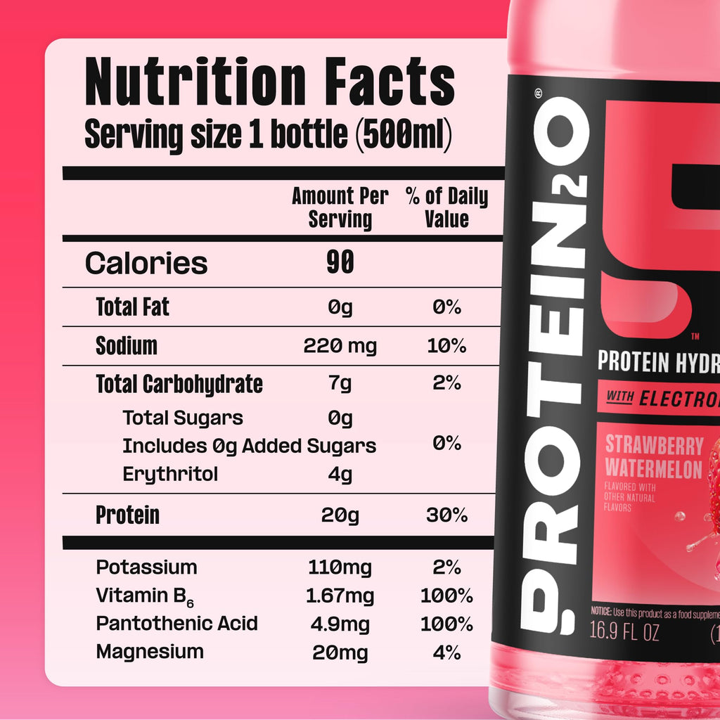 Protein2o Hydration Drink - 2-in-1 Liquid Clear Whey Protein Isolate and Electrolyte Drink - 20g Protein, Vitamins B5, B6 - Post-Workout Recovery - 16.9 Fl Oz - 12 Count Strawberry Watermelon