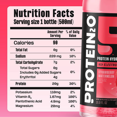 Protein2o Hydration Drink - 2-in-1 Liquid Clear Whey Protein Isolate and Electrolyte Drink - 20g Protein, Vitamins B5, B6 - Post-Workout Recovery - 16.9 Fl Oz - 12 Count Strawberry Watermelon