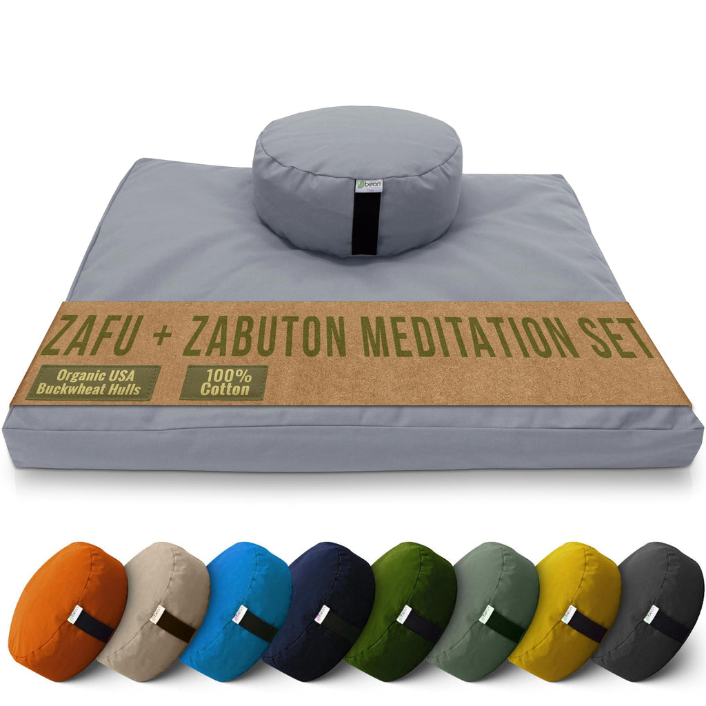Bean Products Meditation Cushion Mat Set - Zafu Floor Pillow Organic Buckwheat Pillow + Cotton Filled Zabuton Prayer Pad - Meditation Pillow Yoga Knee Pad - Made in USA - 14" Round or 18" Oval