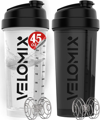 VELOMIX -2 Pack- 28 oz Protein Shaker Bottles for Protein Mixes - 2x Wire Whisk | Leak Proof Shaker Cups for Protein Shakes | Protein Shaker Bottle Pack (Black/Transparent)