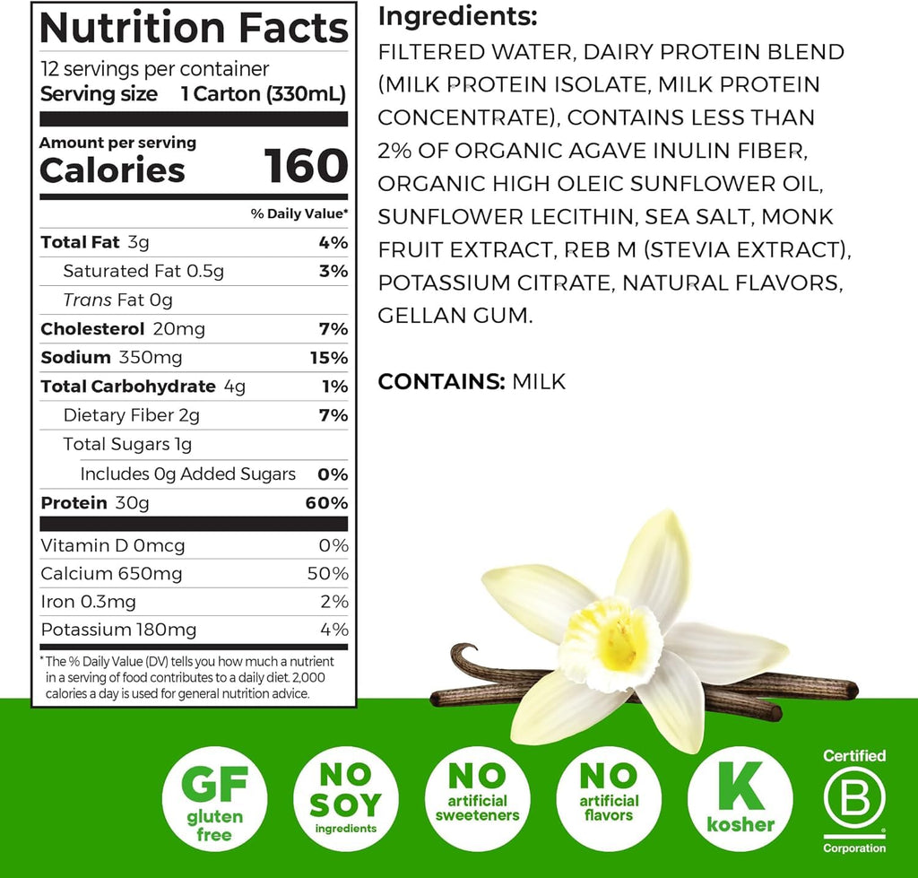 Orgain 30g High Protein Shake, Dairy Isolate Milk Protein, Vanilla Bean, 5g BCAAs, 1g Sugar Per Serving, Meal Replacement, Ready to Drink, Keto Friendly, Gluten-Free 11 Fl Oz (Pack of 12)