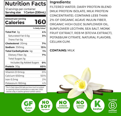 Orgain 30g High Protein Shake, Dairy Isolate Milk Protein, Vanilla Bean, 5g BCAAs, 1g Sugar Per Serving, Meal Replacement, Ready to Drink, Keto Friendly, Gluten-Free 11 Fl Oz (Pack of 12)