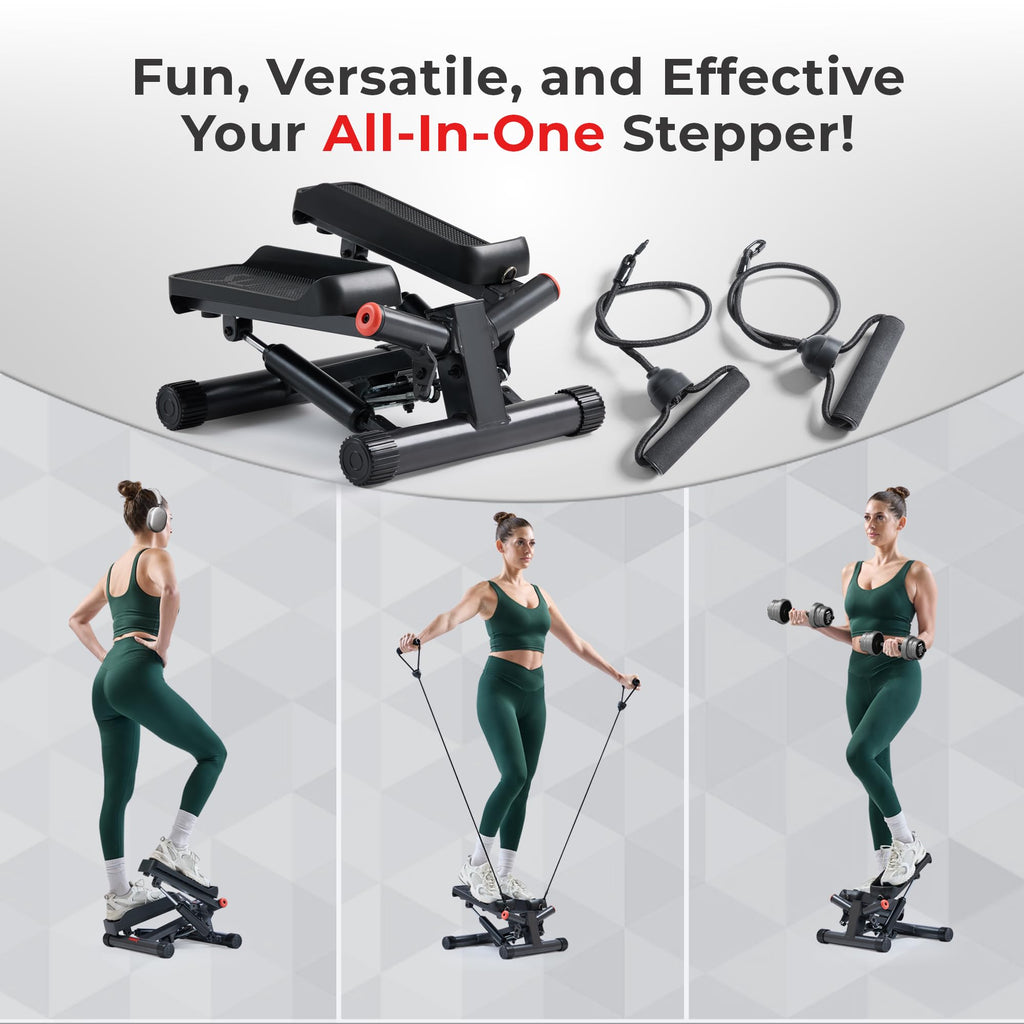 Sunny Health & Fitness Mini Stepper for Exercise at Home, Stair Step Workout Machine with Resistance Band and Over 300lb Weight Capacity, Optional Twist Motion and Free SunnyFit App Connection