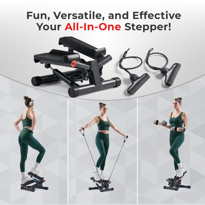 Sunny Health & Fitness Mini Stepper for Exercise at Home, Stair Step Workout Machine with Resistance Band and Over 300lb Weight Capacity, Optional Twist Motion and Free SunnyFit App Connection