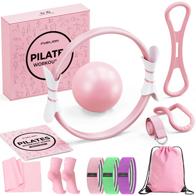 Pilates Ring Set for Women, Home Workout Pilates Equipment with Resistance Bands, 14'' Magic Circle, Mini Ball, Pilates Starter Kit for Strength, Toning and Flexibility, Workout Guide Included