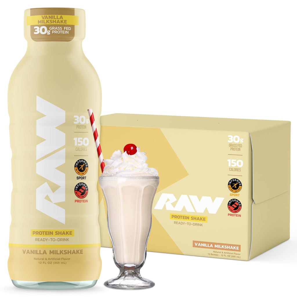 RAW Ready-to-Drink Protein Shake, Vanilla - RTD Protein Drinks with Grass-Fed Whey Protein Isolate for Post-Workout - Zero-Sugar & Gluten-Free Meal Replacement Drink & Breakfast Shake, 12 Fl Oz