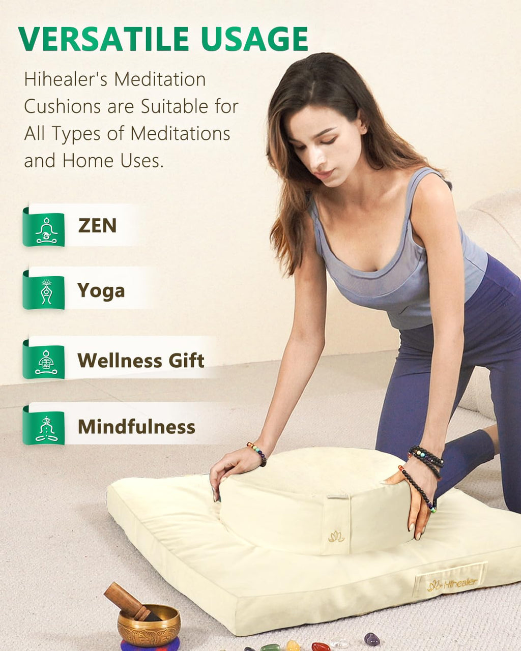 Hihealer Meditation Cushion, Traditional Tibetan Meditation Pillow Velvet Cover - Large Floor Cushion Seating for Adults - Yoga Buckwheat Bolster for Women、Moms