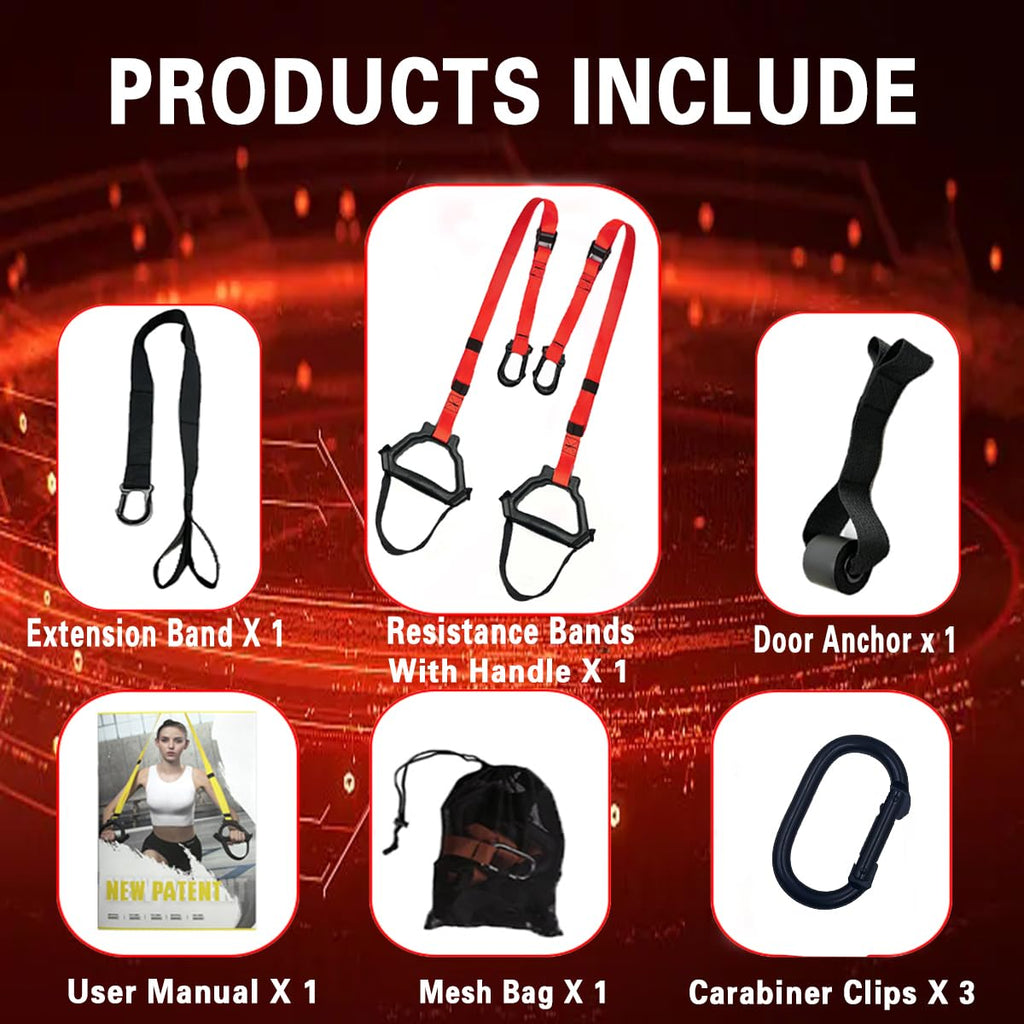 Bodyweight Resistance Training Straps, Complete Home Gym Fitness Trainer kit for Full-Body Workout, Included Door Anchor, Extension Strap, Fitness Guide
