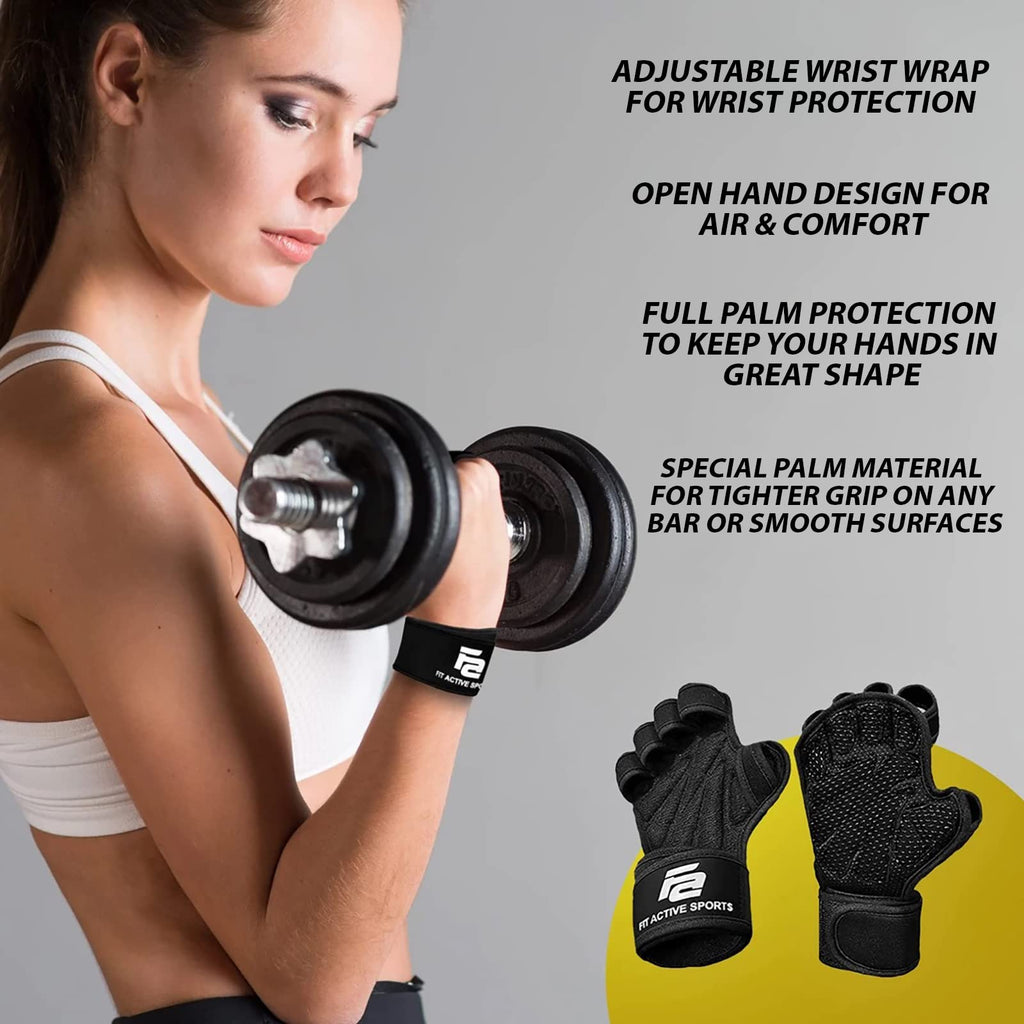 Fit Active Sports New Ventilated Weight Lifting Workout Gloves with Built-in Wrist Wraps for Men and Women - Great for Gym Fitness, Cross Training, Hand Support & Weightlifting.