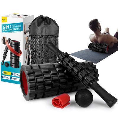 5 in1 Foam Roller Set for Deep Tissue Muscle Massage, High Density Fitness Exercise Foam Roller, Massage Roller, Massage Ball, Resistance Band, for Whole Body (Black)