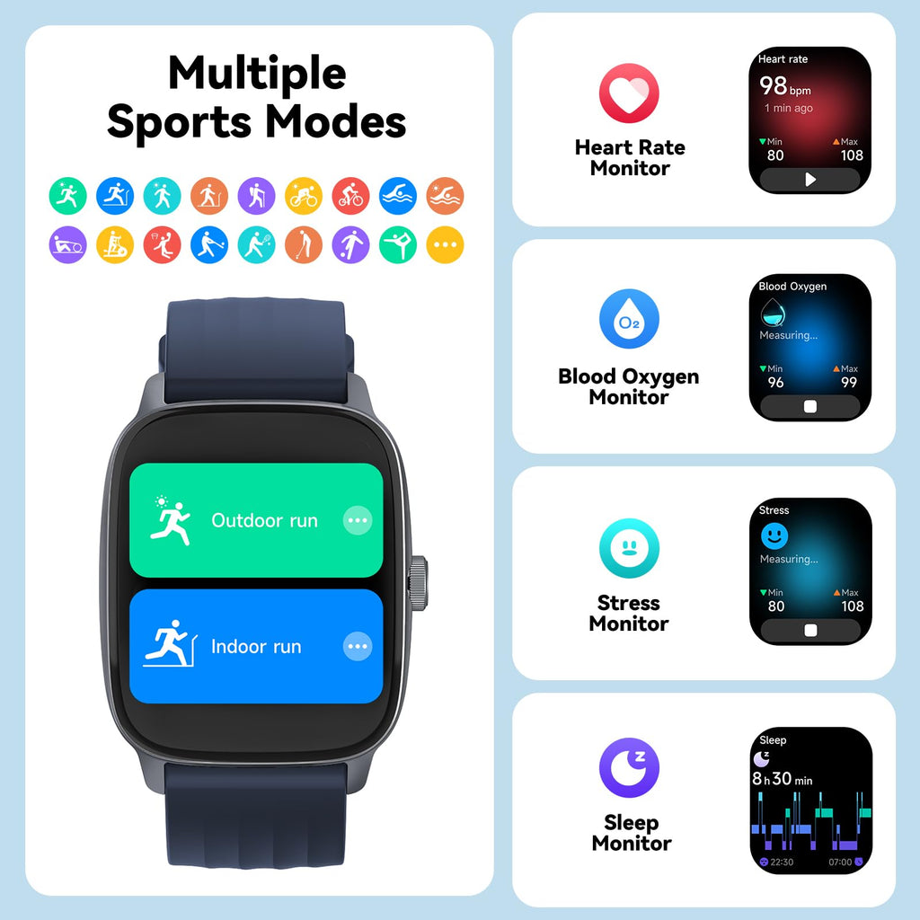 EURANS Smart Watch No App/Phone Required, 1.85" Ultra HD Display | Waterproof Fitness Tracker | 24/7 Heart Rate/Sleep Monitor | Step Counter for Walking, Pedometer & Activity Tracker for Women Men