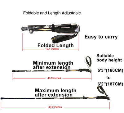 Aluminum Collapsible Ultralight Travel Trekking Hiking Pole for Men and Women (Fits 5'3" - 6'2")