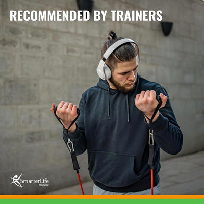 SmarterLife Resistance Bands with Handles, Physical Therapy Strap, Exercise Band to Tone Arms, Legs, Chest, Booty - 5 Exercise Bands with Handles, Ankle Straps, No-Slip Door Anchor, Storage Bag