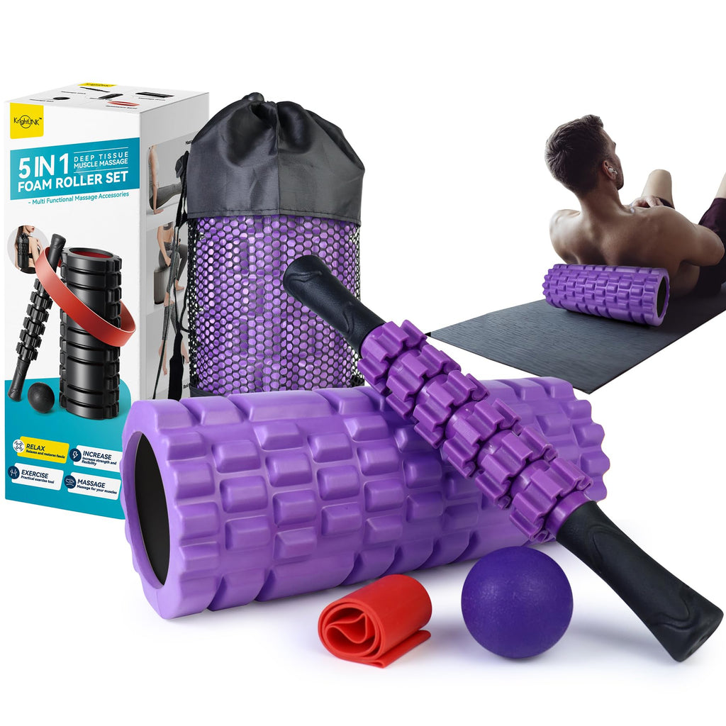 5 in1 Foam Roller Set for Deep Tissue Muscle Massage, High Density Fitness Exercise Foam Roller, Massage Roller, Massage Ball, Resistance Band, for Whole Body (Black)