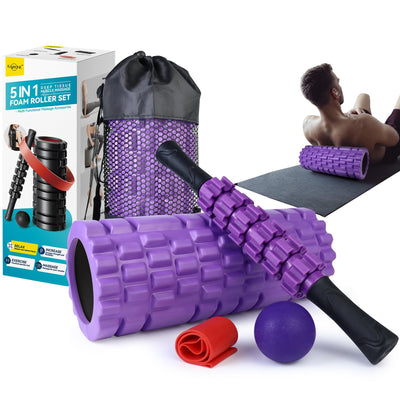 5 in1 Foam Roller Set for Deep Tissue Muscle Massage, High Density Fitness Exercise Foam Roller, Massage Roller, Massage Ball, Resistance Band, for Whole Body (Black)