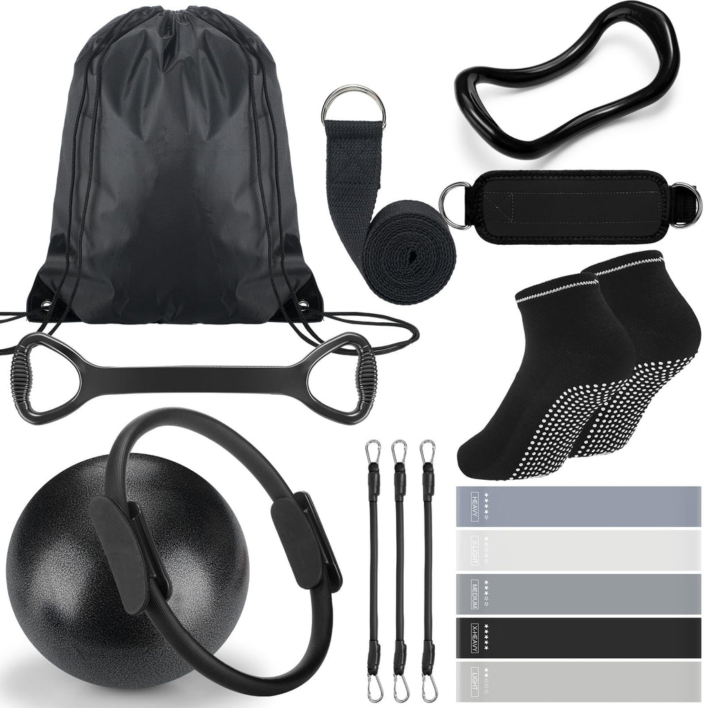 Pilates Ring Circle Set 18 Pcs Exercise Equipment Accessories for Women Workouts Pilates Ball Stretching Strap Magic Circle Yoga Ring Gym Back Bag Resistance Band Anti Slip Socks