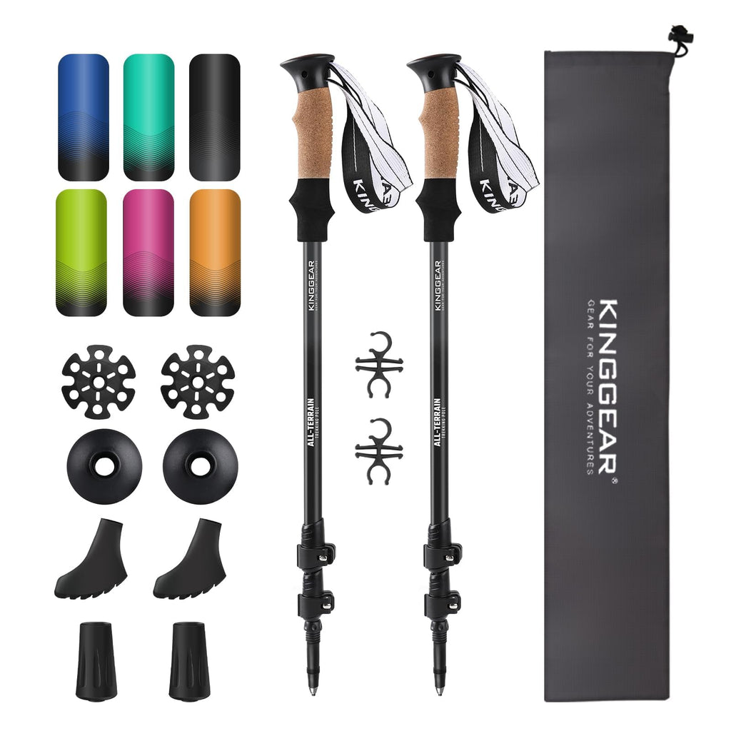 KINGGEAR Nordic Walking Stick, TP1 Hiking Poles Retractable Lightweight 7075 Aluminum, Trekking Poles with Flip Lock, Natural Cork and EVA Grip, 2pc Hiking Gear
