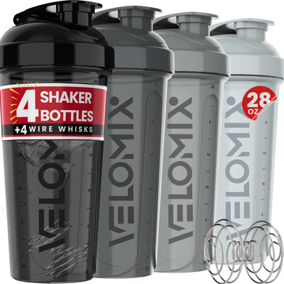 VELOMIX -4 PACK- 28 oz Protein Shaker Bottle for Protein Mixes - 4x Wire Whisk | Leak Proof Shaker Cups for Protein Shakes | Protein Shaker Bottle Pack | Protein Shake Cup (Brown)