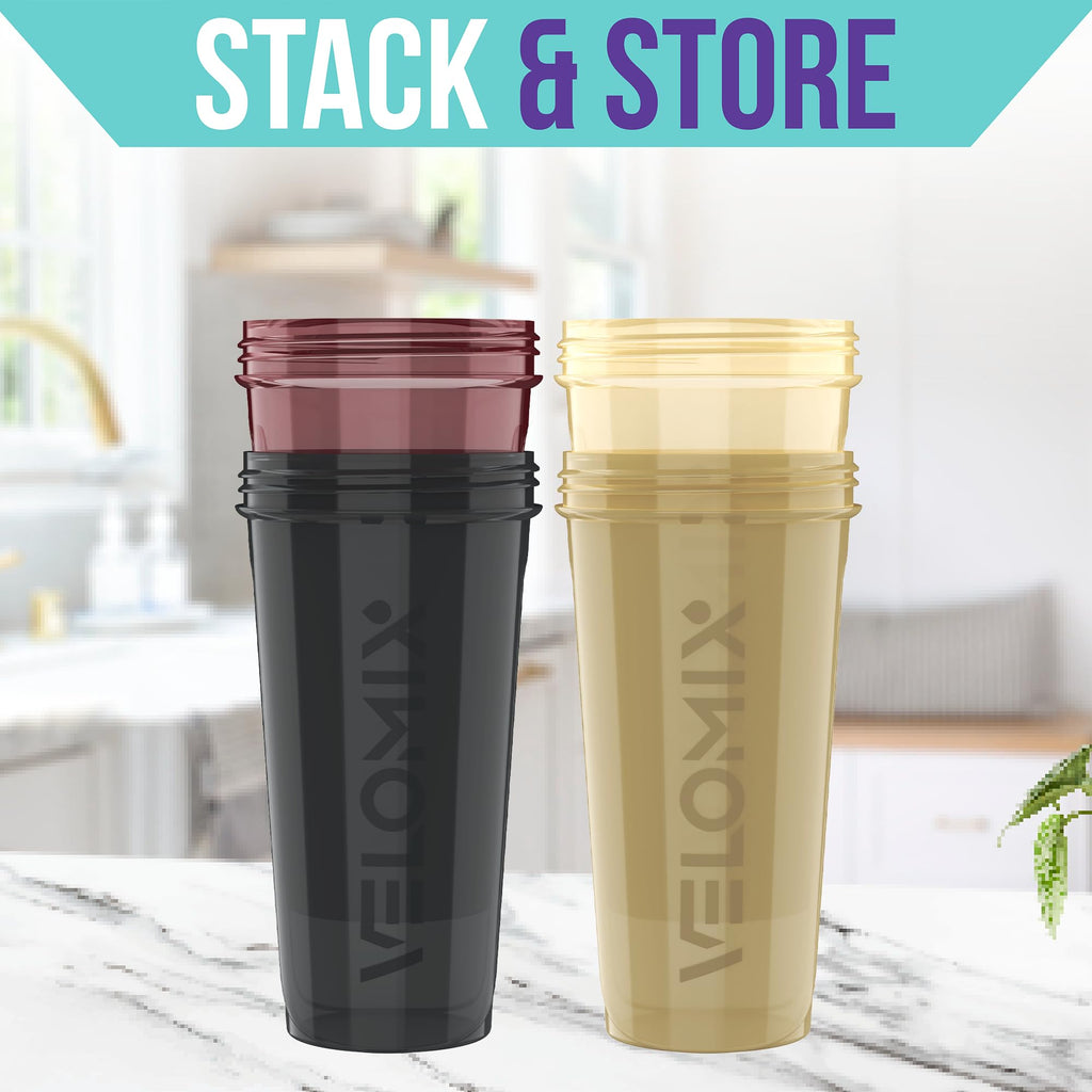 VELOMIX -4 PACK- 28 oz Protein Shaker Bottle for Protein Mixes - 4x Wire Whisk | Leak Proof Shaker Cups for Protein Shakes | Protein Shaker Bottle Pack | Protein Shake Cup (Brown)