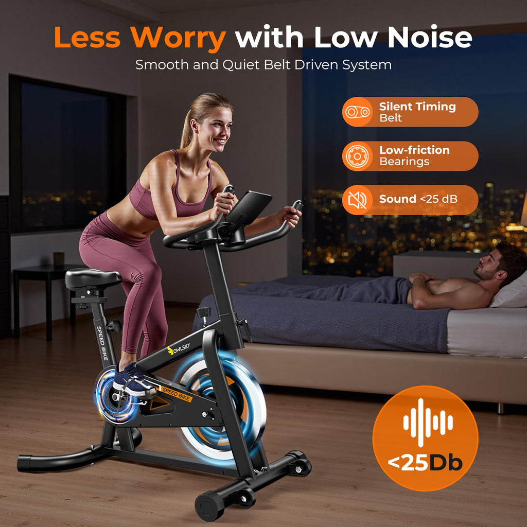 OWLSKY Exercise Bike with APP, Magnetic Resistance Indoor Cycling Bike, 300 lbs Capacity Quiet Stationary Bike for Home Gym Cardio Workout, Adjustable Seat & Tablet Holder