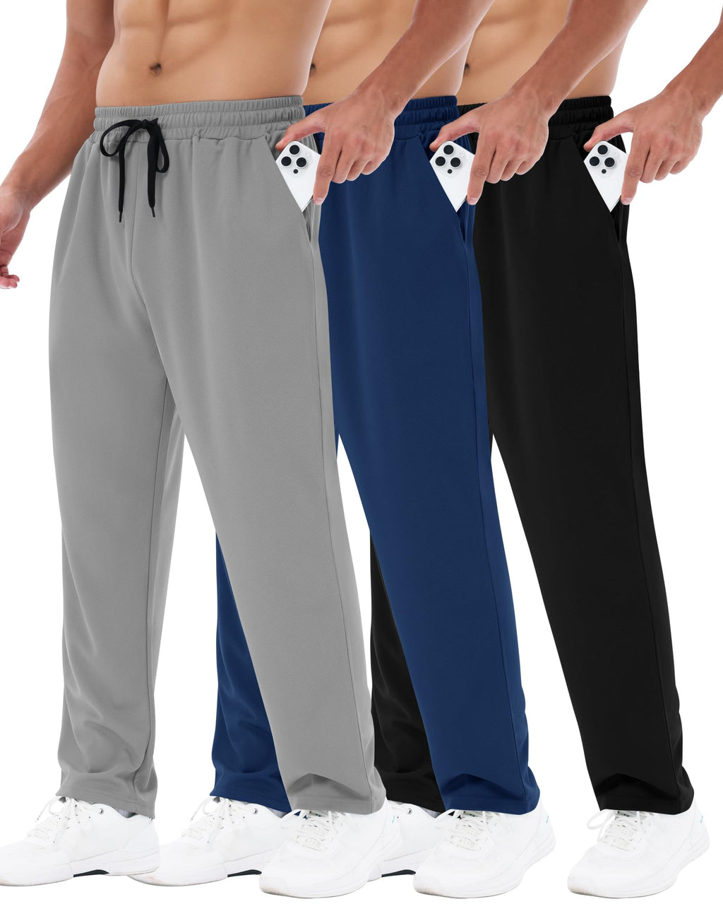 3 Pack Mens Sweatpants with Pockets - Mesh Open Bottom Athletic Joggers for Men Loose Fit Gym Workout Running Casual Pants