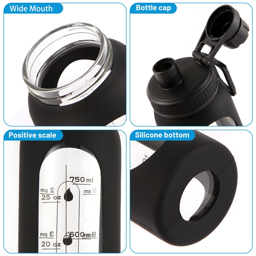 Glass Shaker Bottle 34oz/1L Black Glass Protein Shaker Bottle With Shaker Ball Large Shaker Bottles for Protein Mixes Portable Powder Mixer Blender Water Bottle for Gym Workout Sports