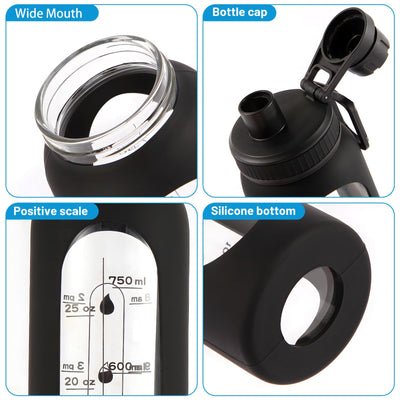 Glass Shaker Bottle 34oz/1L Black Glass Protein Shaker Bottle With Shaker Ball Large Shaker Bottles for Protein Mixes Portable Powder Mixer Blender Water Bottle for Gym Workout Sports