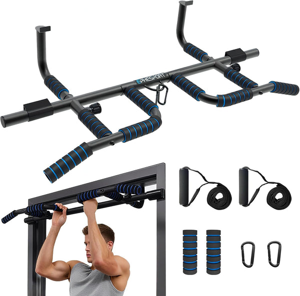 EPHESPORT New Version Pull Up Bar with Resistance Bands, No Screwing Pullup Bar for Doorway, Ergonomic Grip, USA Original Patent Design, 440 Lbs Capacity, Chin Ups Strength Training Equipment