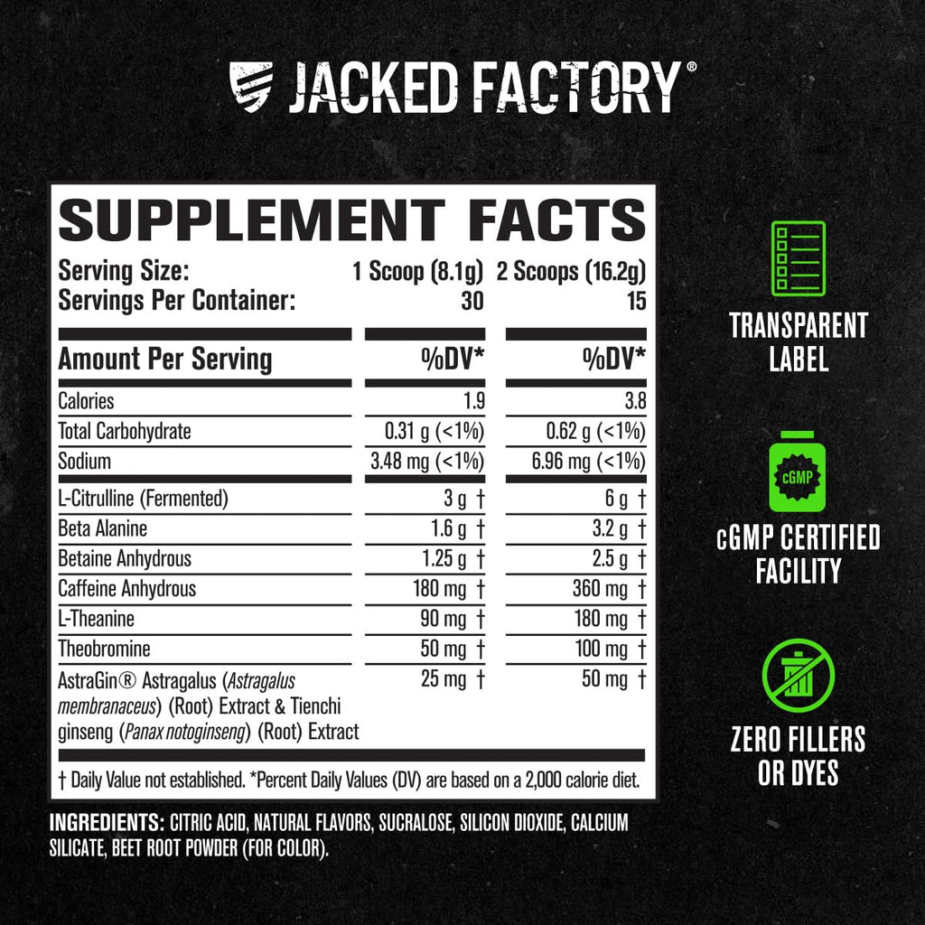 Jacked Factory NITROSURGE Pre Workout Supplement - Endless Energy, Instant Strength Gains, Clear Focus, Intense Pumps - NO Booster & Preworkout Powder with Beta Alanine - 30 Servings, Cherry Limeade