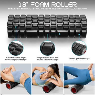 Foam Roller High Density Foam Roller Set for Deep Tissue Muscle Massage, 18" Trigger Point Fitness Exercise Massage Roller, Self-Myofascial Release for Whole Body (Black-18(2 in 1))