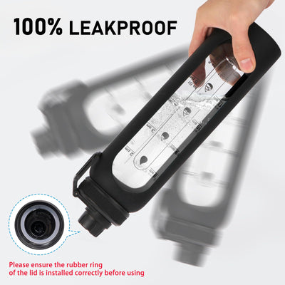 Glass Shaker Bottle 34oz/1L Black Glass Protein Shaker Bottle With Shaker Ball Large Shaker Bottles for Protein Mixes Portable Powder Mixer Blender Water Bottle for Gym Workout Sports