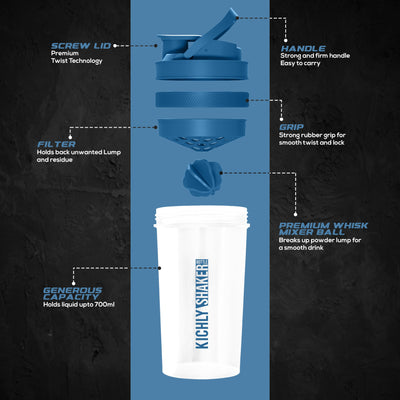 KICHLY Shaker Bottle 1 Pack - 28 Ounce Plastic Protein Shaker Bottle for Pre & Post workout with Twist & Lock Protein Box Storage (Clear/Navy)