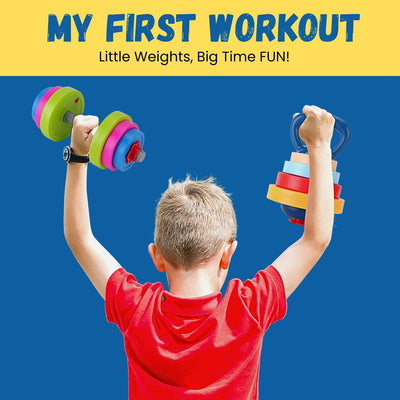 Kids Exercise Weight Set - 3-in-1 Adjustable Workout Toy Equipment for Children Pretend Play Exercise - Toddler Beginner Gym, Fitness, Weightlifting and Powerlifting (Dumbbell, Barbell, Kettlebell)