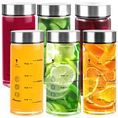 Glass Juice Bottles 4 Pack 20 oz - Wide Mouth Glass Water Bottles with Lids - for Juicing, Protein, Smoothie, Milk, Reusable, BPA Free, Stainless Steel Lids, Blender, Shaker Bottle (20oz/600ml)