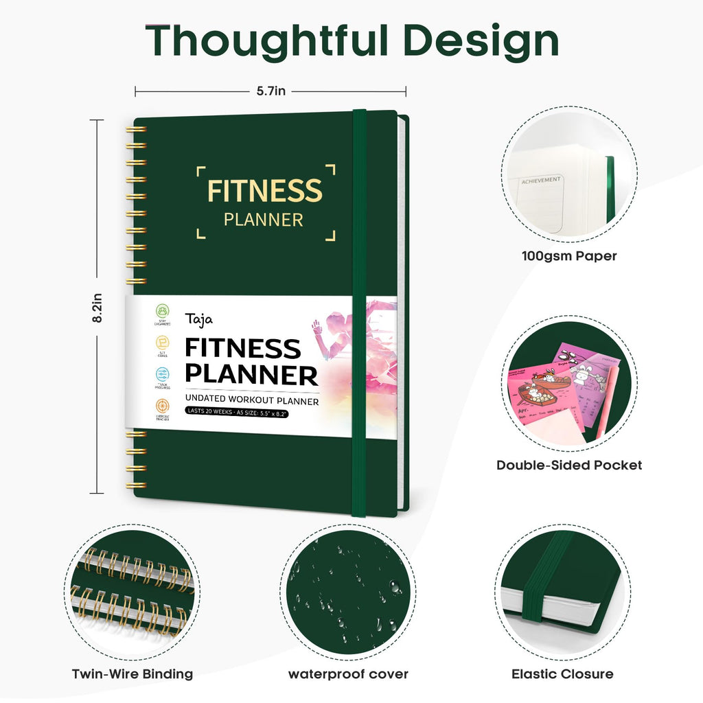Fitness Workout Journal for Women & Men, A5(5.5" x 8.2") Workout Log Book Planner for Tracking, Progress, and Achieving Your Wellness Goals - Green